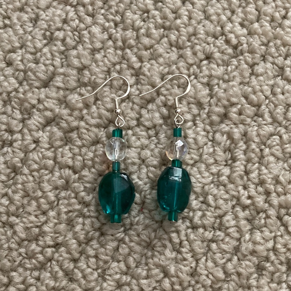 Emerald Green and Clear Drop Earrings Artisan Handmade